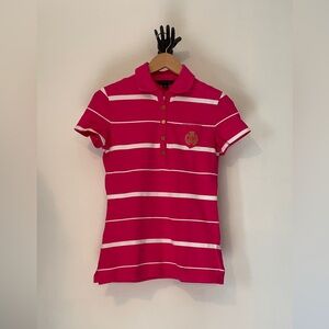S Tommy Hilfiger Fuscia & white striped polo. Gold embroidery & gold buttons